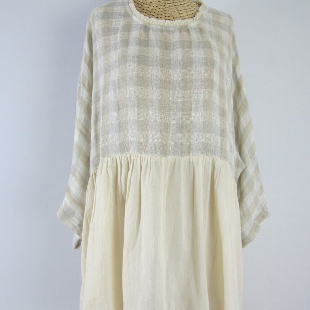 Paper Lace Womens One Size Beige Cream Plaid Linen Cotton Ruffle Tunic Baby Doll